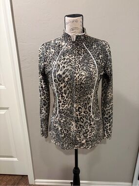 Neiman Marcus Leopard Print Zip-Up Jacket in Black, Gray, Cream